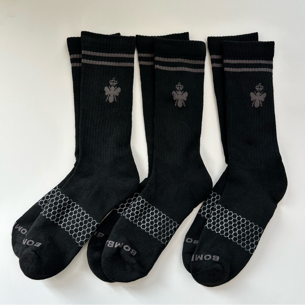 Bombas New 3 pair Dress Calf Socks Large Black w/ grey Honeycomb Soft Crew